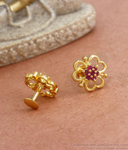 Pearl stud earrings gold with Ruby stones | Small ruby & Pearl earring –  Indian Designs