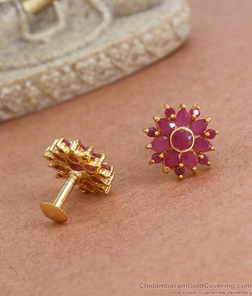 Big Ruby Stone Floral Gold Plated Studs Designs ER3900