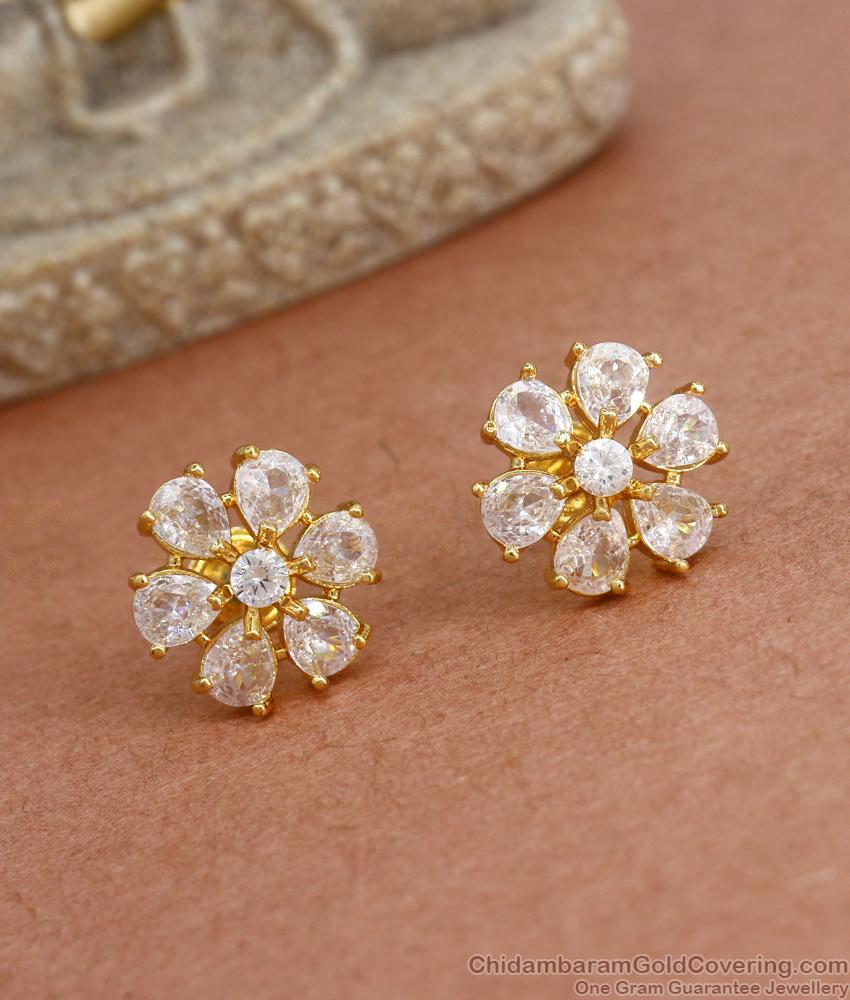 Stylish 5 Petal Gold Studs Collections White Ad Stone Designs ER3910