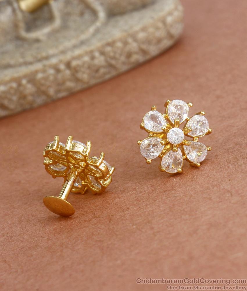 Stylish 5 Petal Gold Studs Collections White Ad Stone Designs ER3910