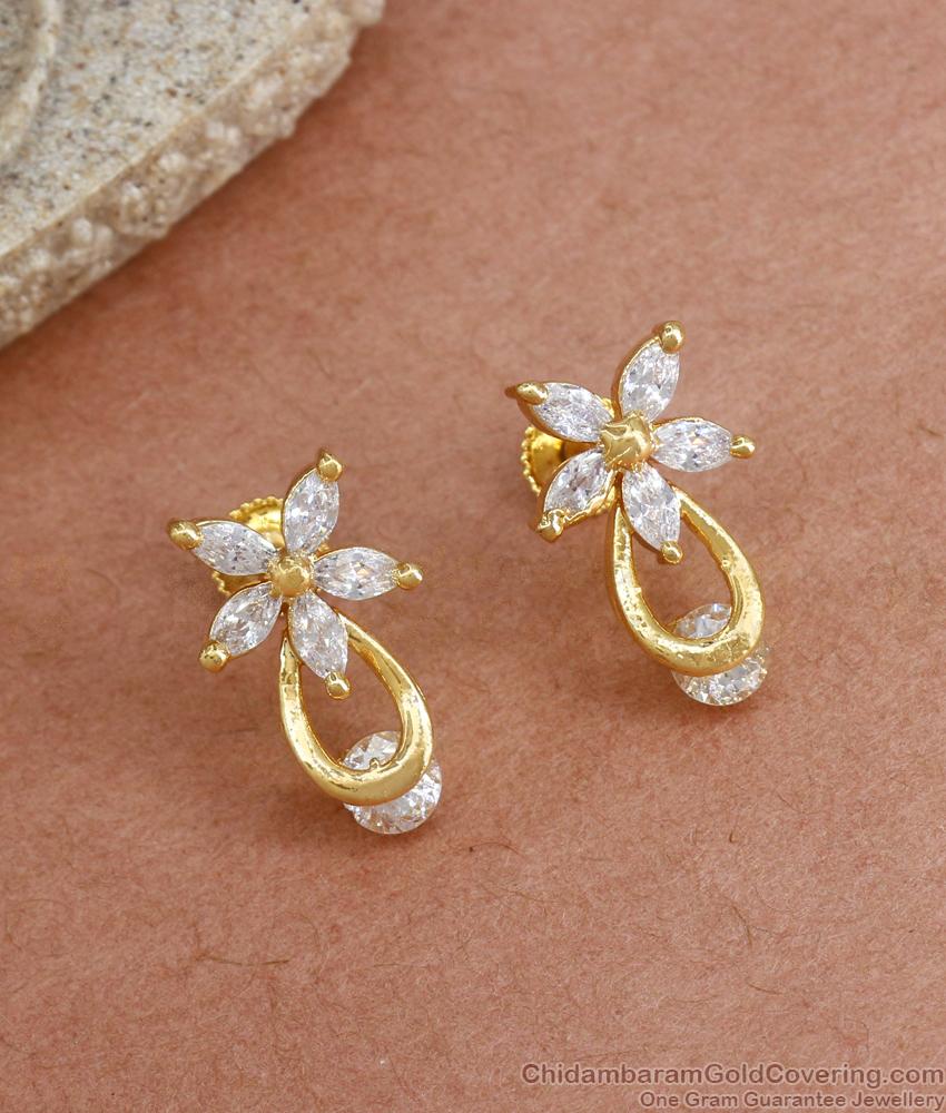 Unique Gold Plated Studs White Floral Pattern Hanging Designs ER3911