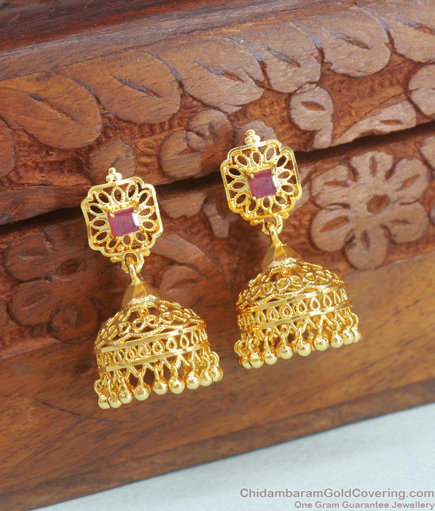 Bridal 1 Gram Gold Jhumki Earrings Kerala Ruby Stone Pattern ER3949