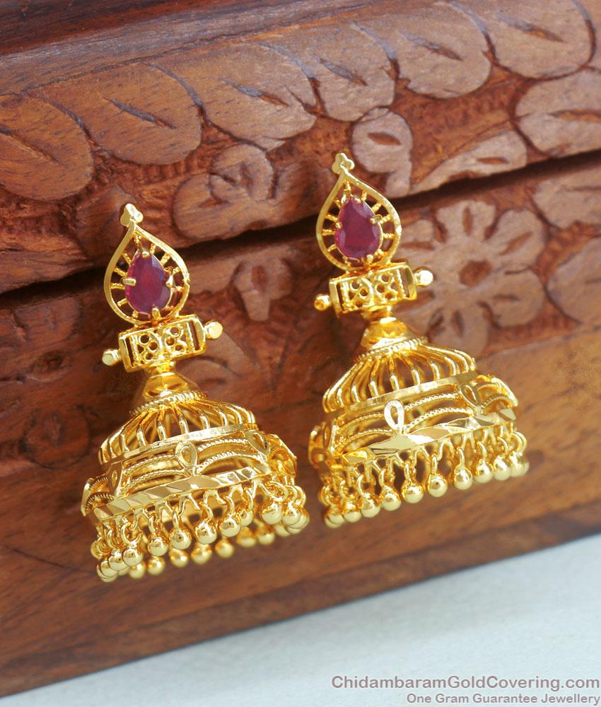 One Gram Gold Big Earrings Ruby Stone Jhumkas Traditional Wear ER3954