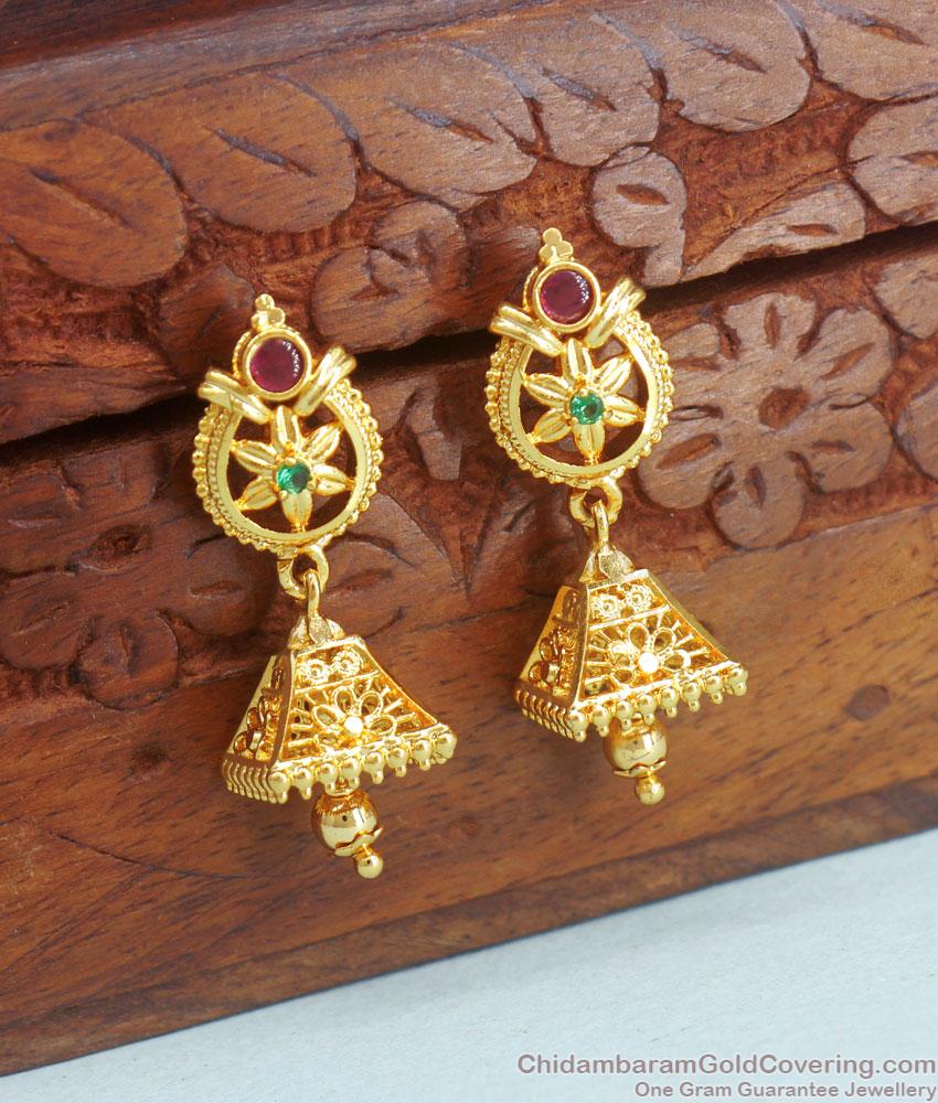 Multi Stone 1 Gram Gold Jhumki Earring Kerala Pattern ER3957