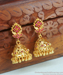 Premium Gold Plated Big Jhumki Earring Ruby Stone Floral Designs ER3958
