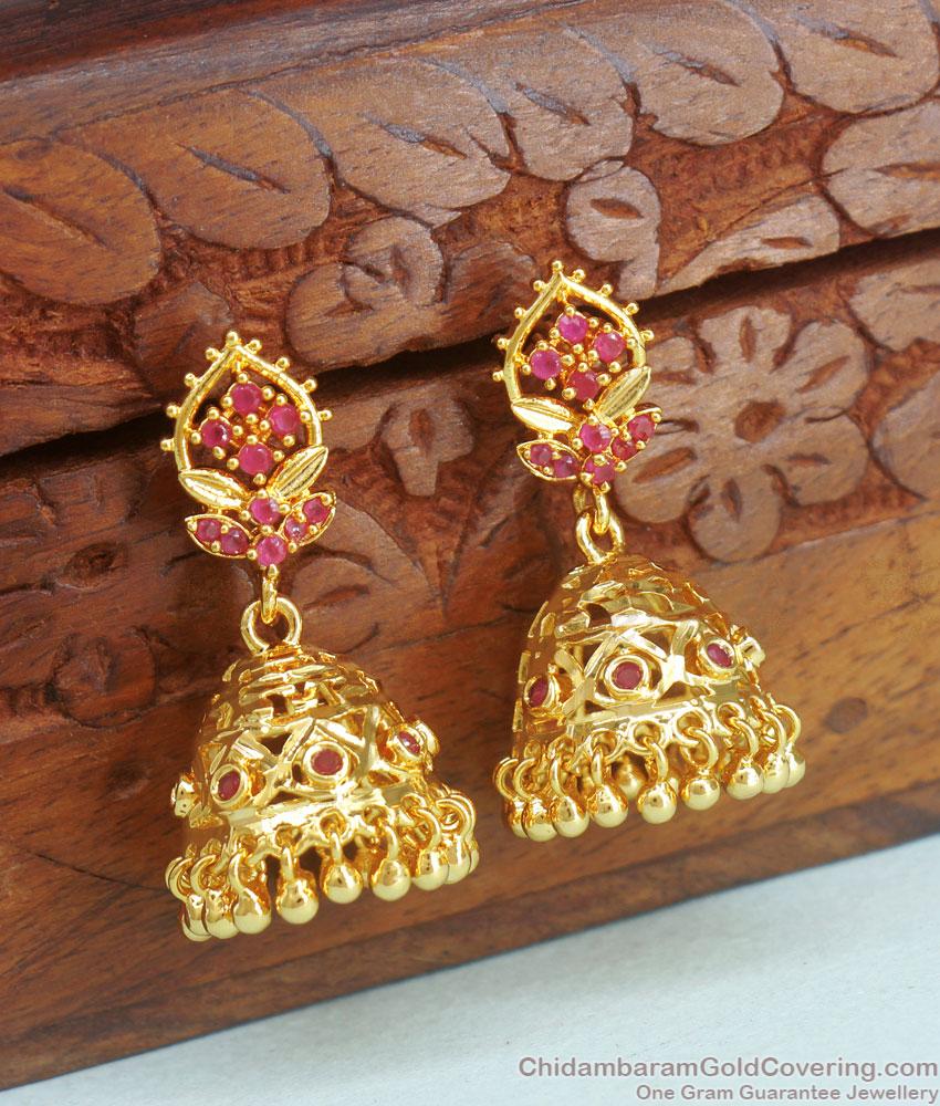 Premium Gold Plated Big Jhumki Earring Ruby Stone Floral Designs ER3958