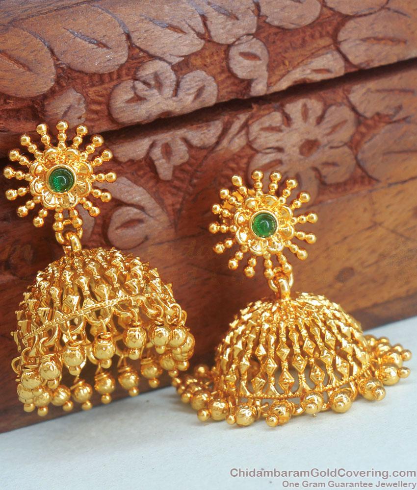 1 Gram Gold Big Jhumki Emerald Stone Light Weigh Earring Collections ER3962