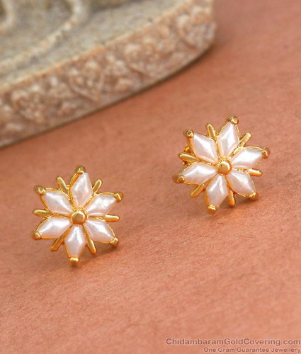 Traditional Gram Gold Stud Earrings White Pearl Designs ER3965