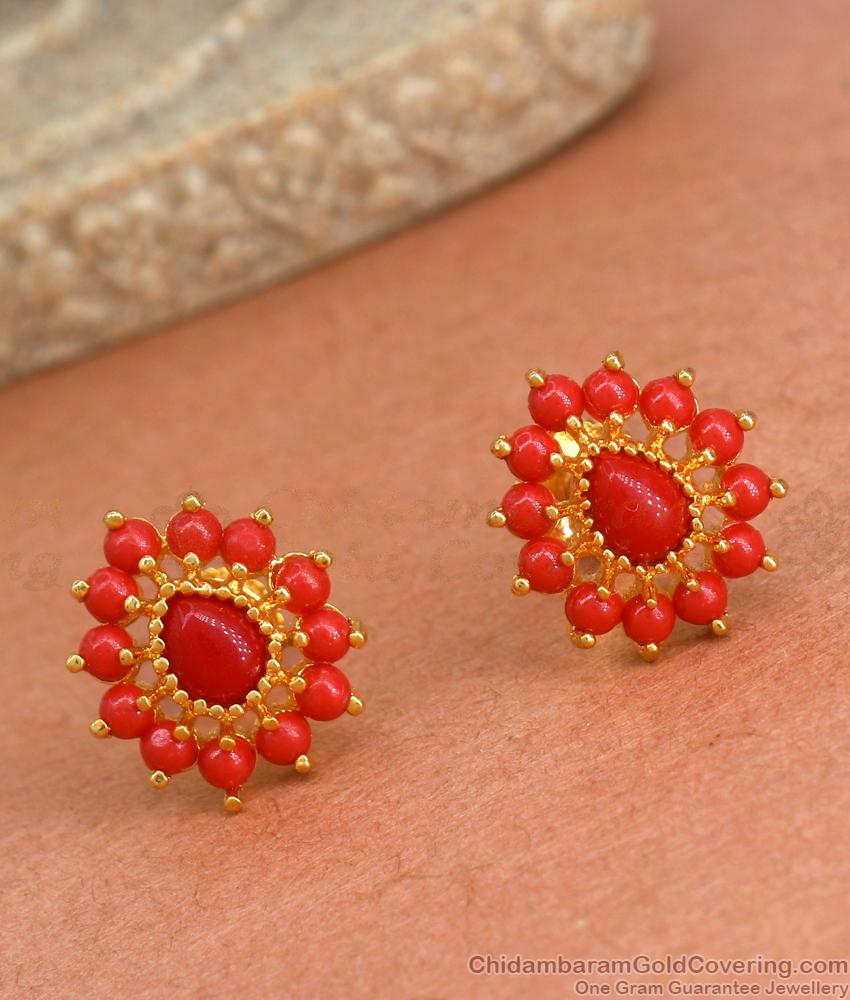 Full Red Coral Stone Studs Gold Imitation Earrings Designs ER3971