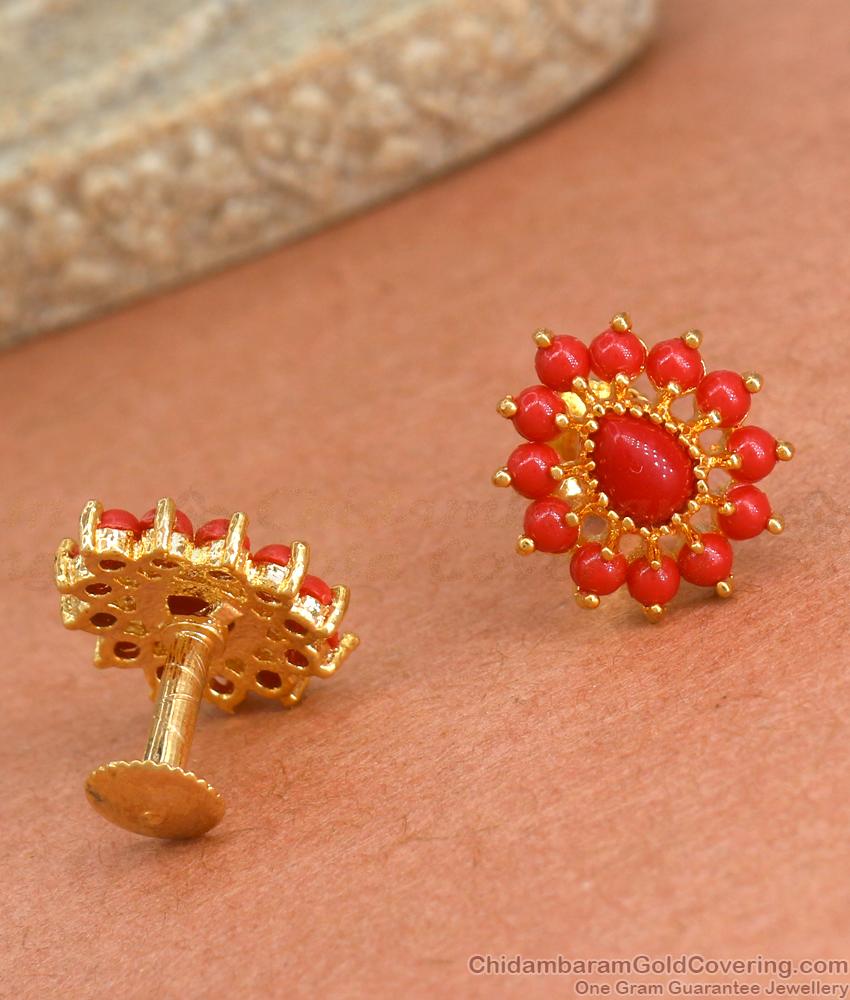 Full Red Coral Stone Studs Gold Imitation Earrings Designs ER3971