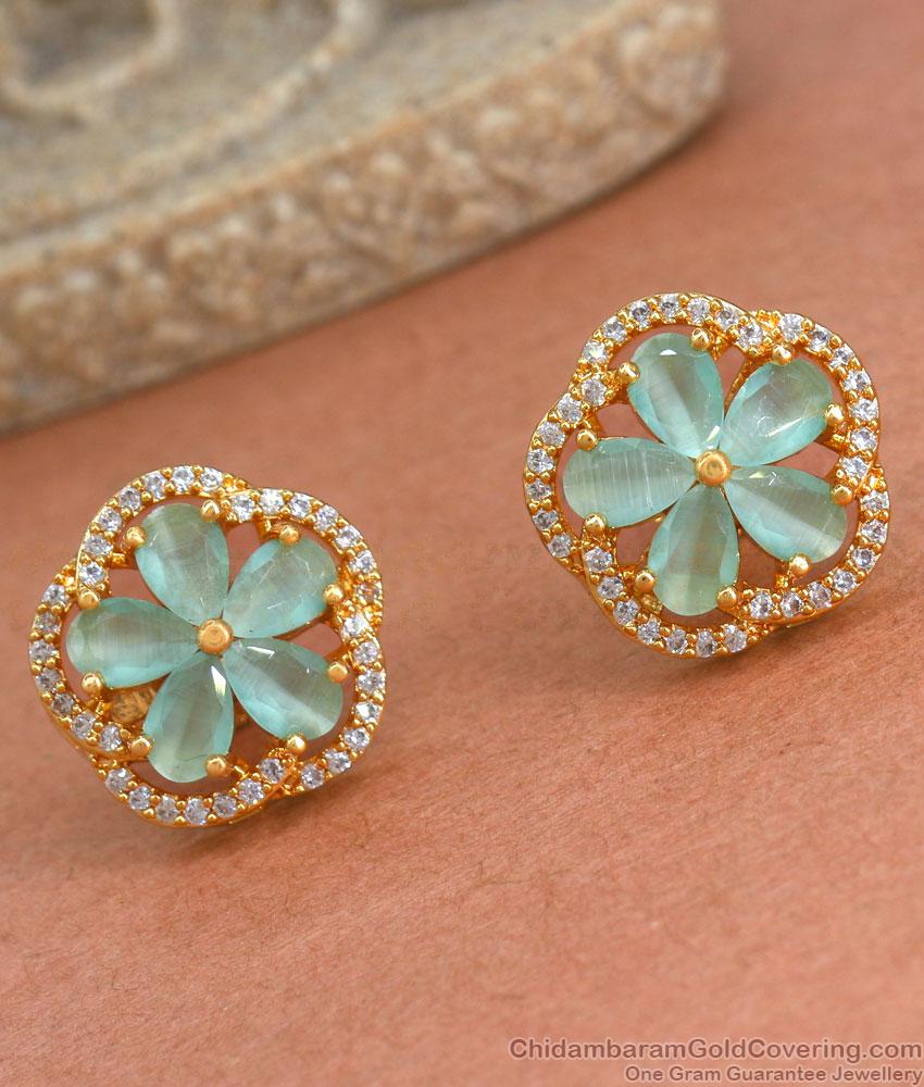 New Aquamarine Stone Gold Studs Floral Designs ER3975