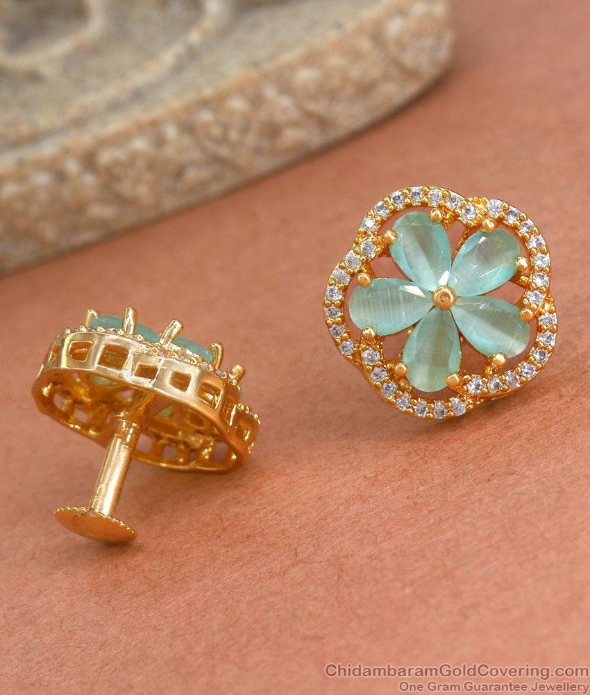 New Aquamarine Stone Gold Studs Floral Designs ER3975