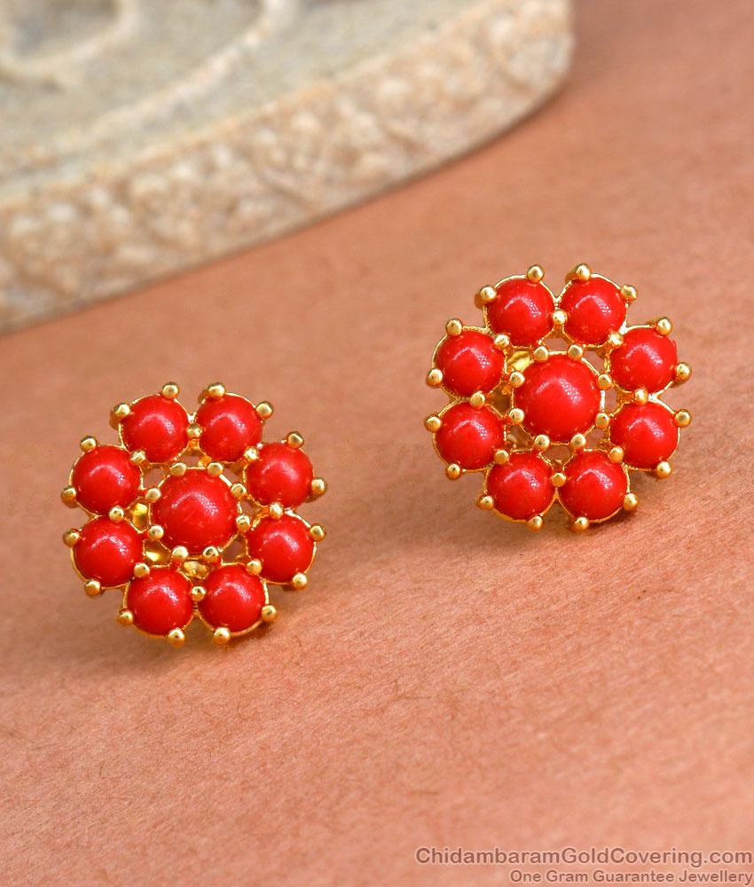 Womens Daily Wear Gold Studs Earrings Red Coral Designs ER3986