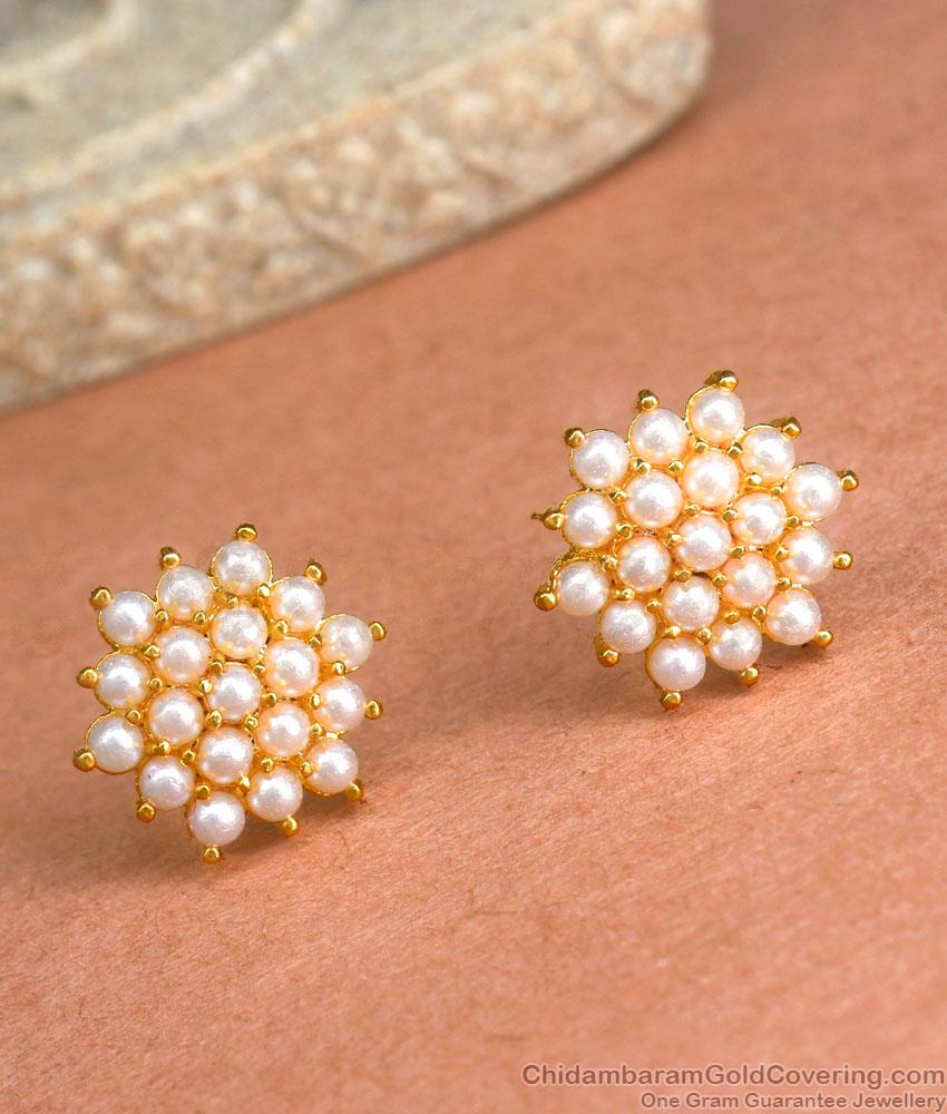One Gram Gold Studs Earring Floral Design With White Pearls ER3989