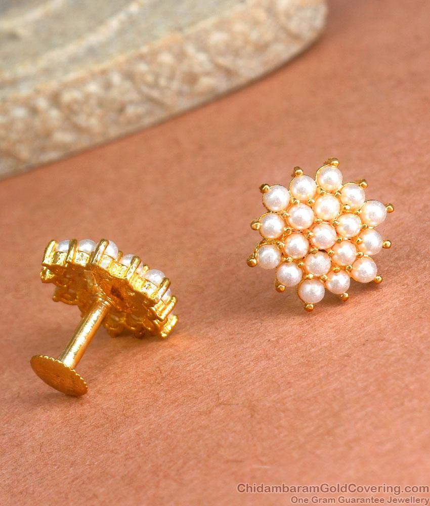 One Gram Gold Studs Earring Floral Design With White Pearls ER3989