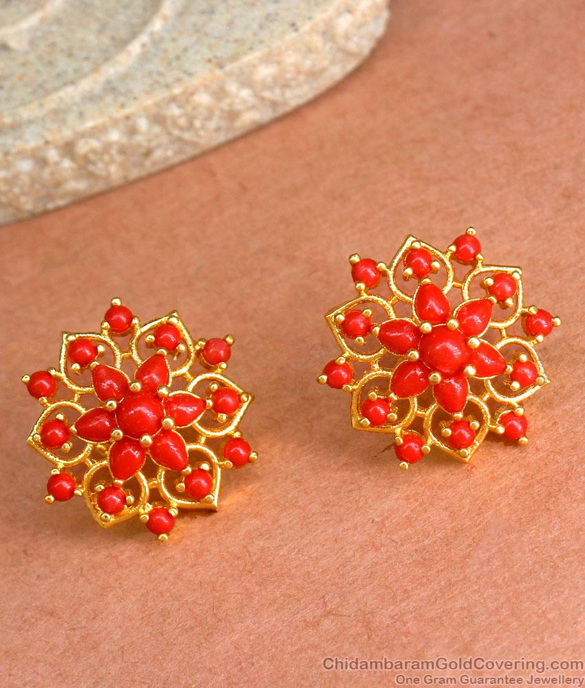 Traditional Red Pavalam Gold Stud Earrings Shop Online ER3994