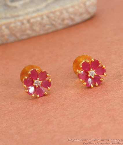 Ruby Stone Stud Earrings Floral Design ER4087