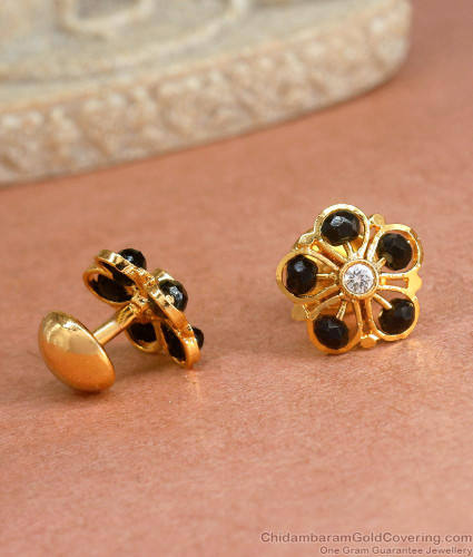 New Arrival Black Stone Gold Plated Stud Earring Floral Design ER4141