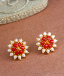 Latest 1 Gram Gold Red Coral White Earring Stone Studs ER4225 Latest 1 Gram Gold Red Coral White Earring Stone Studs ER4225