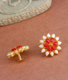Latest 1 Gram Gold Red Coral White Earring Stone Studs ER4225 Latest 1 Gram Gold Red Coral White Earring Stone Studs ER4225