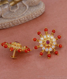 Traditional One Gram Gold Stud Coral Stone Earrings ER4588 Traditional One Gram Gold Stud Coral Stone Earrings ER4588