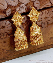 Trendy Kerala Pattern Hanging Chain Gold Jhumkas For Brides ER4626 Trendy Kerala Pattern Hanging Chain Gold Jhumkas For Brides ER4626