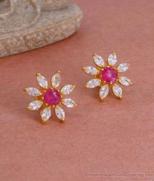Trendy Ruby White Stone Fancy Gold Studs Floral Design ER4788