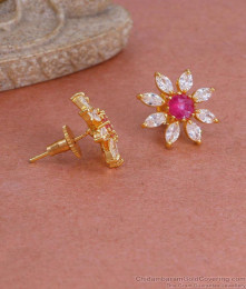 Trendy Ruby White Stone Fancy Gold Studs Floral Design ER4788