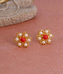 Small Red Coral Stone Gold Plated Studs Pearl Earring ER4800