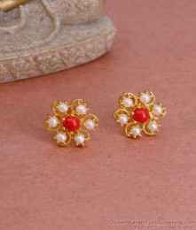 Small Red Coral Stone Gold Plated Studs Pearl Earring ER4800
