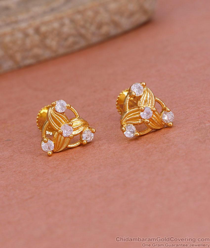 White Ad Stone Fancy Gold Stud Screw Back Earring Design ER4908 White Ad Stone Fancy Gold Stud Screw Back Earring Design ER4908