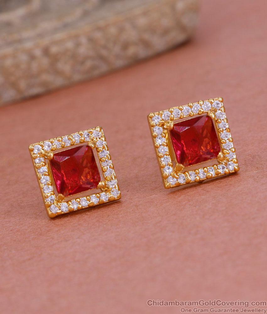 Trendy Big Ruby Stone Diamond Stud Earring Gold Finish ER4915 Trendy Big Ruby Stone Diamond Stud Earring Gold Finish ER4915