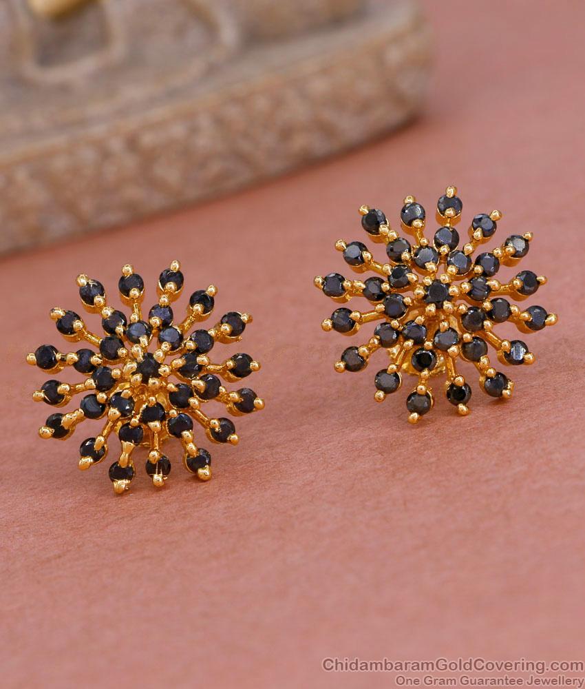 Grand Look Black Stone Gold Plated Stud Earring Floral Design ER4927 Grand Look Black Stone Gold Plated Stud Earring Floral Design ER4927