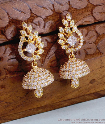 Glittering White Stone Gold Jhumki Diamond Earring Design ER4959