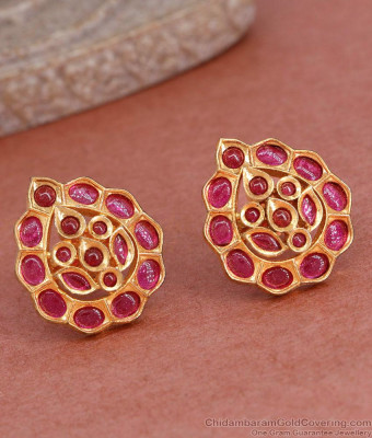 Full Ruby Stone Leaf Design Gold Imitation Stud Earring ER4963