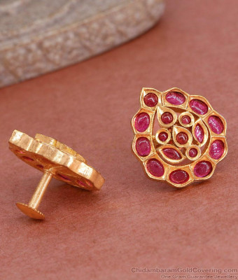 Full Ruby Stone Leaf Design Gold Imitation Stud Earring ER4963