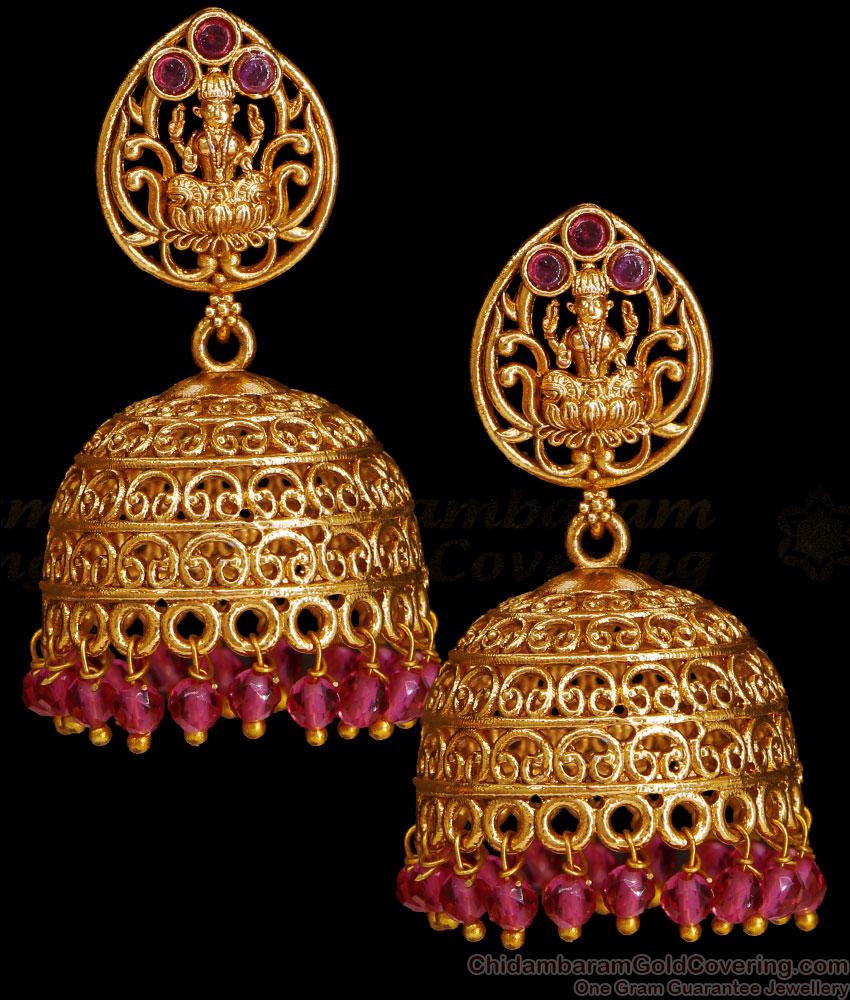 Traditional Antique Gold Jhumki Earring Hanging Ruby Beads Design ER4990 Traditional Antique Gold Jhumki Earring Hanging Ruby Beads Design ER4990