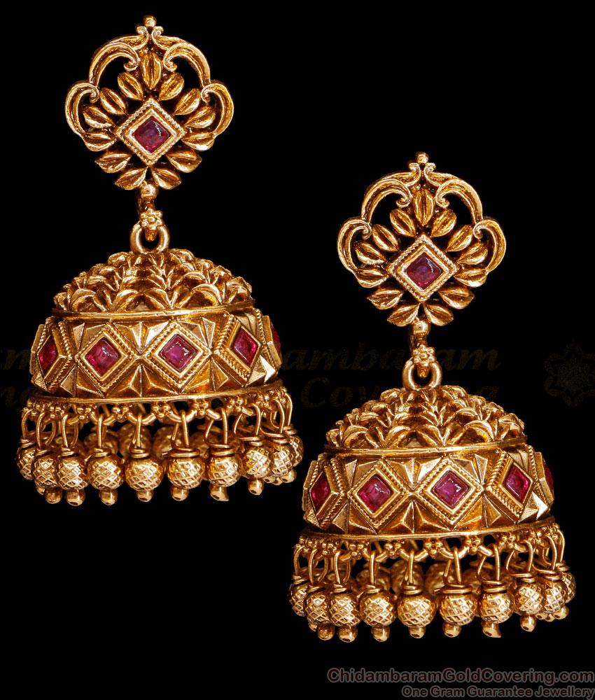 Unique Bridal Wear Ruby Stone Jhumki Earring Temple Jewelry ER4991 Unique Bridal Wear Ruby Stone Jhumki Earring Temple Jewelry ER4991