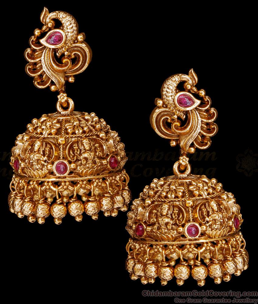 Trendy Ruby Kemp Stone Antique Gold Jhumkas For Wedding ER4993 Trendy Ruby Kemp Stone Antique Gold Jhumkas For Wedding ER4993