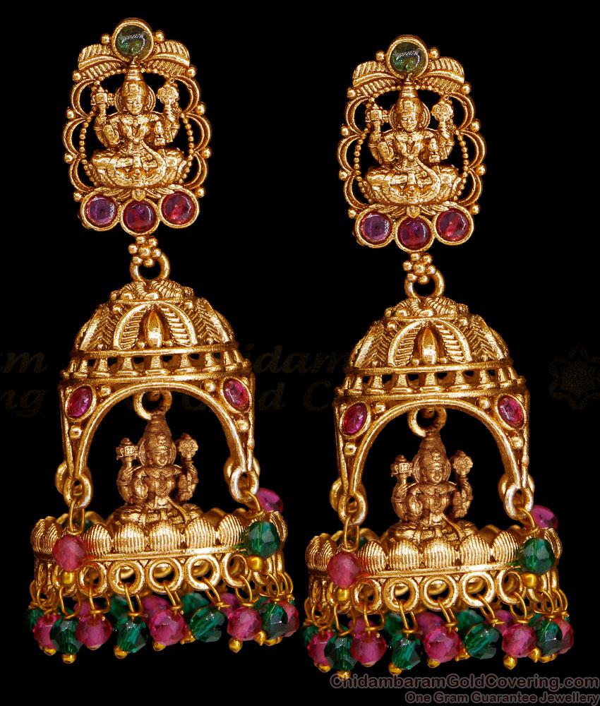 Ruby Green Hanging Beads Long Antique Jhumki Earring For Brides ER4997 Ruby Green Hanging Beads Long Antique Jhumki Earring For Brides ER4997