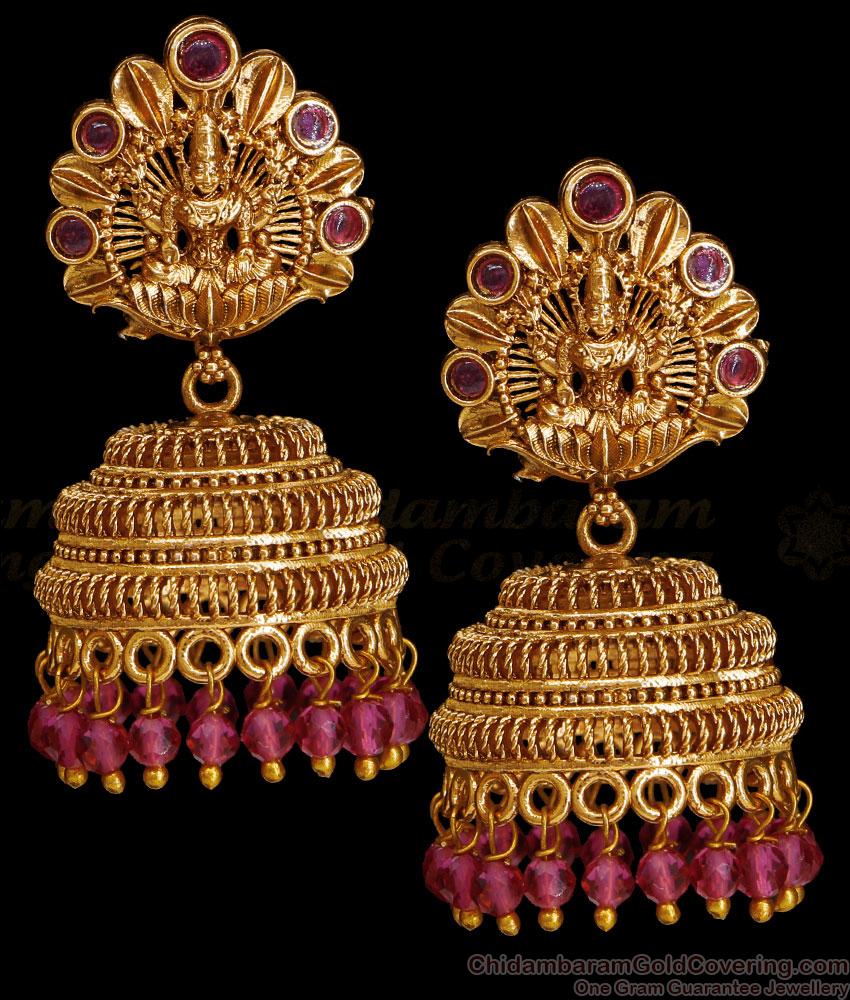 Traditional Ruby Stone Lakshmi Design Antique Gold Jhumki Earring ER5004 Traditional Ruby Stone Lakshmi Design Antique Gold Jhumki Earring ER5004