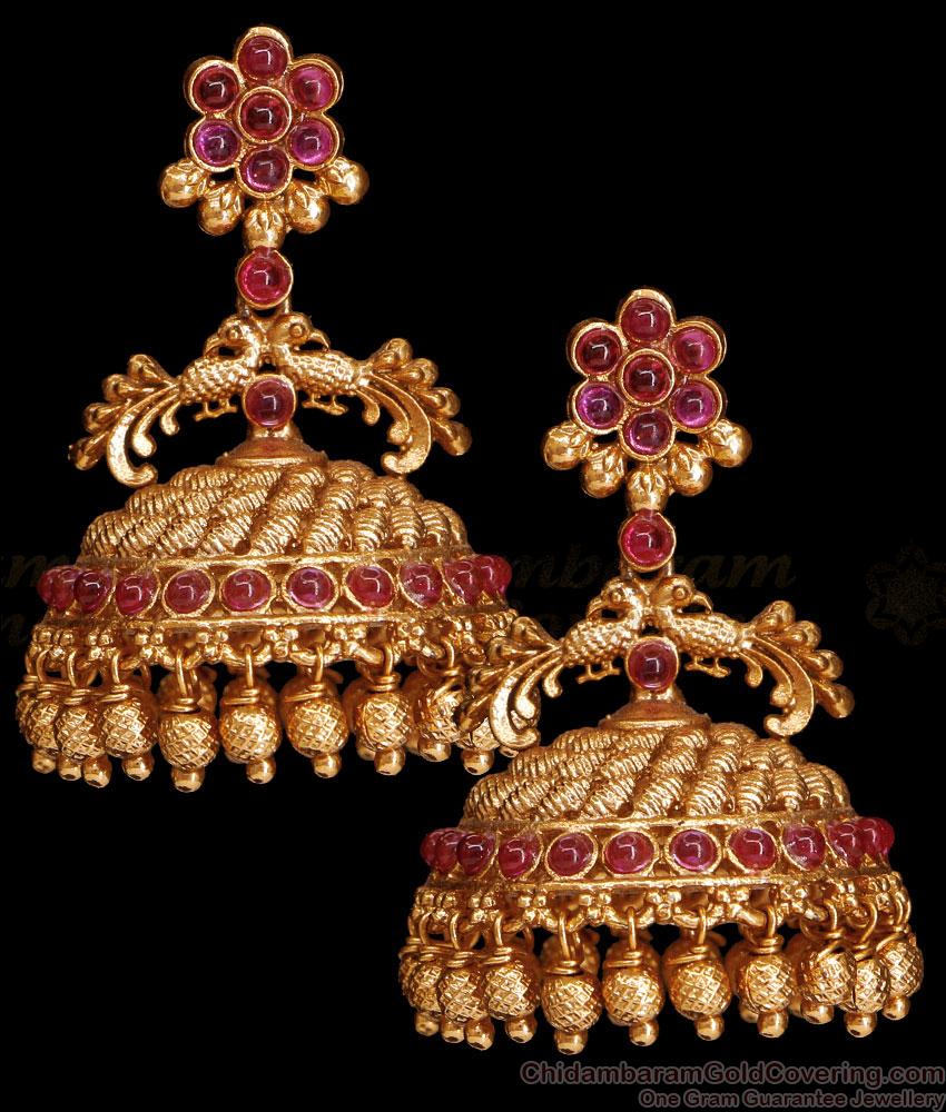 Bridal Ruby Kemp Stone Peacock Design Antique Jhumkas For Women ER5005 Bridal Ruby Kemp Stone Peacock Design Antique Jhumkas For Women ER5005