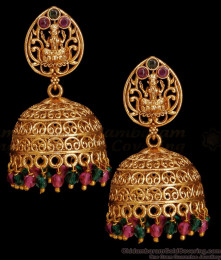 Antique Lakshmi Jhumki Earring Hanging Ruby Green Crystals Design ER5006