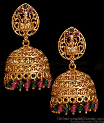 Antique Lakshmi Jhumki Earring Hanging Ruby Green Crystals Design ER5006