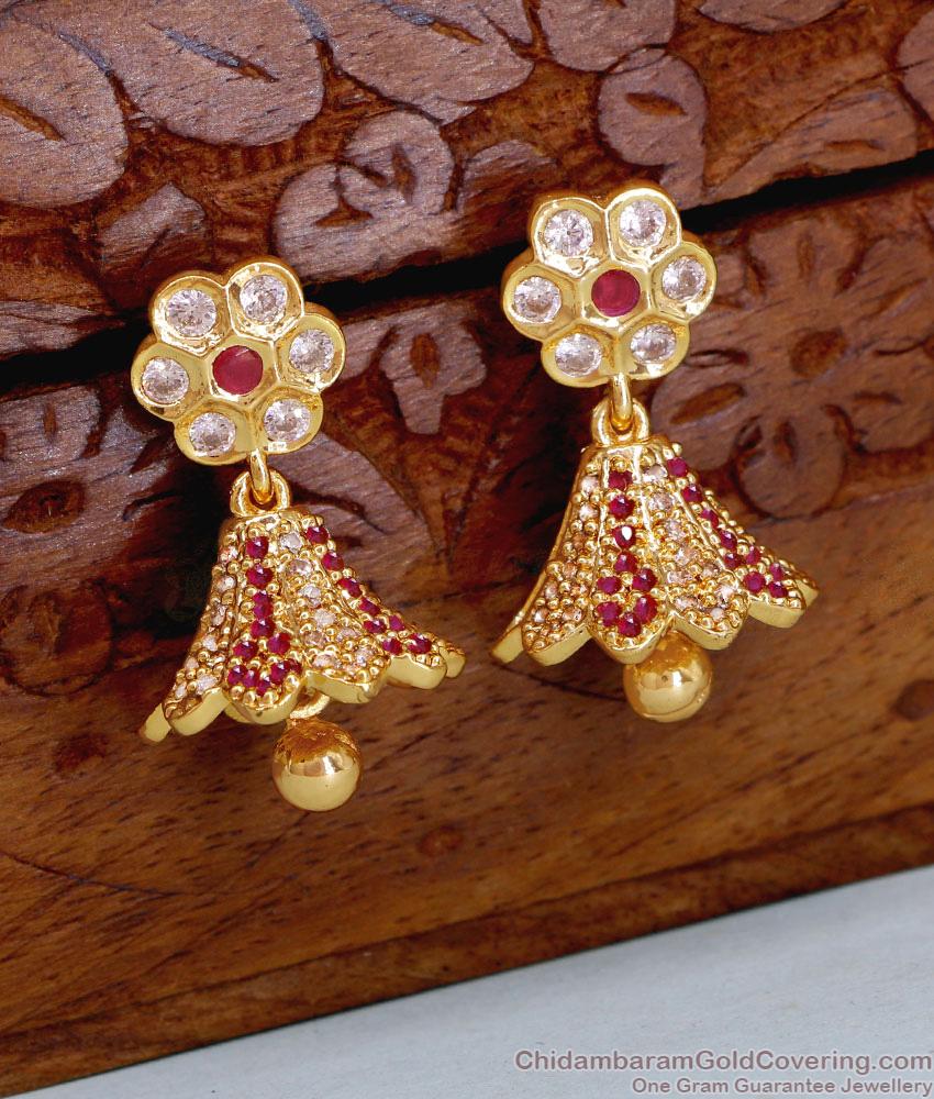 Trendy Ruby White Stone Gold Plated Jhumki Floral Design Online ER5030 Trendy Ruby White Stone Gold Plated Jhumki Floral Design Online ER5030