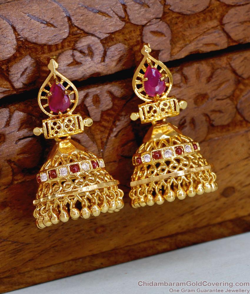 Traditional Real Gold Tone Jhumki Earring With Stone For Wedding ER5036 Traditional Real Gold Tone Jhumki Earring With Stone For Wedding ER5036