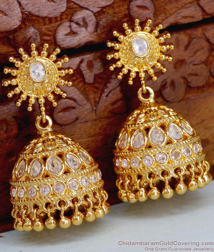 Premium Quality Big Gold Jhumkas With White Stone For Brides ER5038 Premium Quality Big Gold Jhumkas With White Stone For Brides ER5038