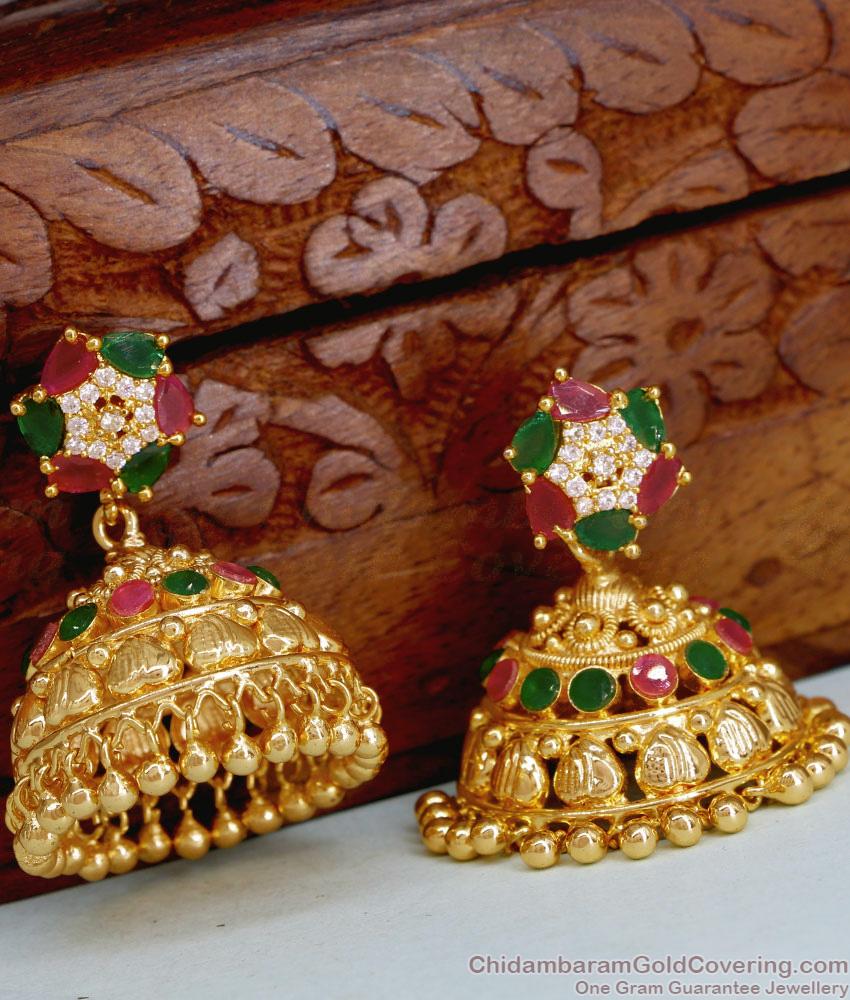 Pure One Gram Gold Bridal Jhumkas Multi Stone Design ER5039 Pure One Gram Gold Bridal Jhumkas Multi Stone Design ER5039