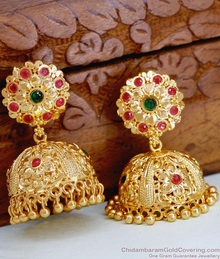 Bridal Wear Gold Imitation Jhumkas Ruby Green Stone Design ER5053 Bridal Wear Gold Imitation Jhumkas Ruby Green Stone Design ER5053