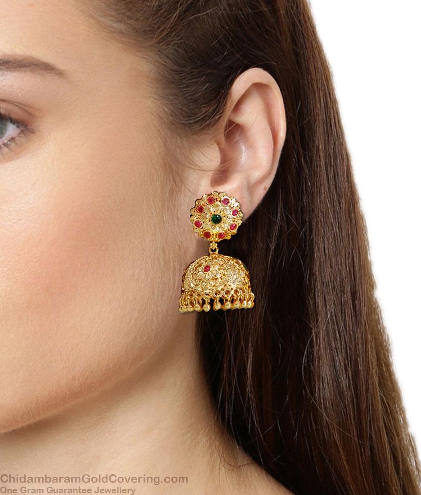 Bridal Wear Gold Imitation Jhumkas Ruby Green Stone Design ER5053 Bridal Wear Gold Imitation Jhumkas Ruby Green Stone Design ER5053